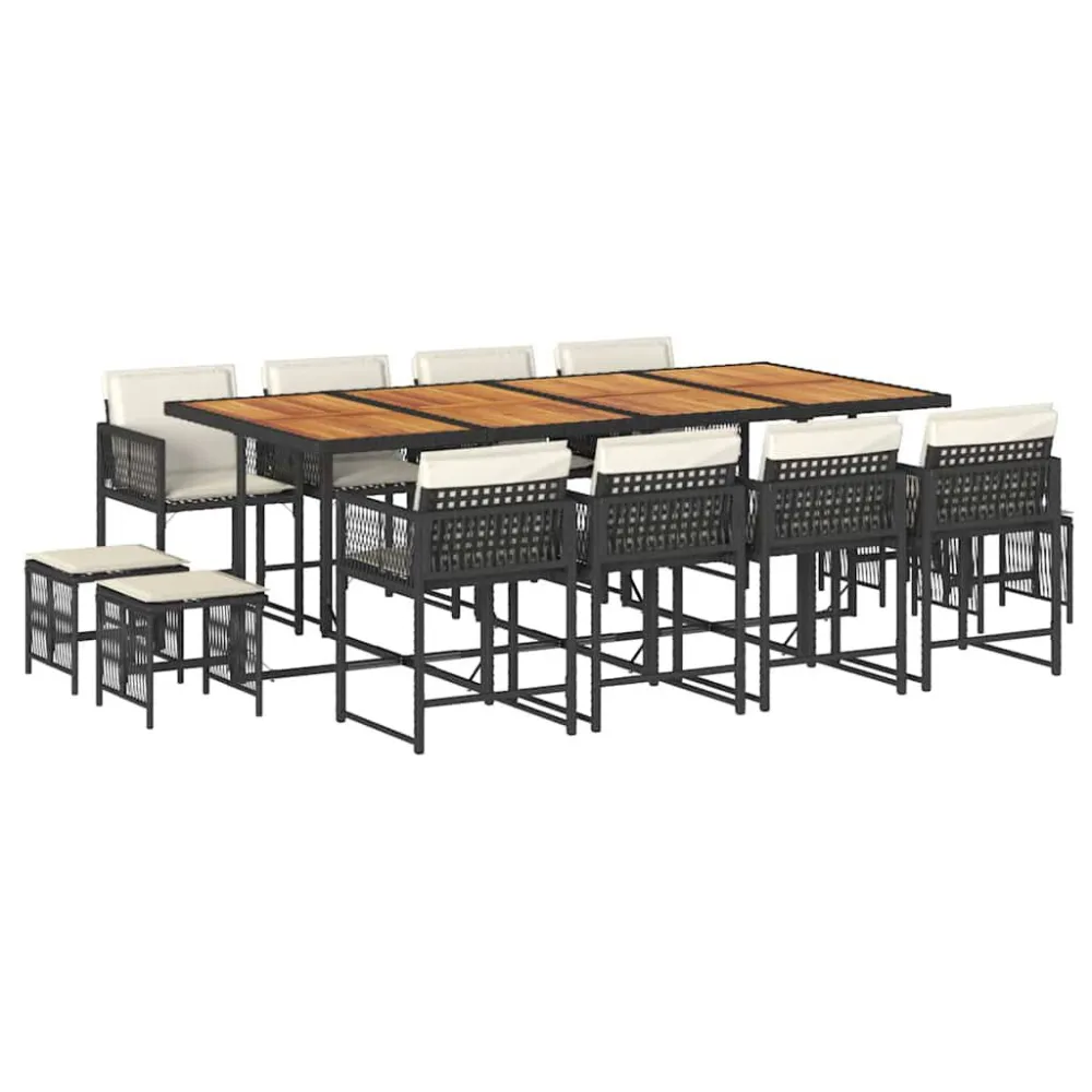 Puf de Exterior 13 pcs conjunto de jantar parajardim com almofadões vime PE preto