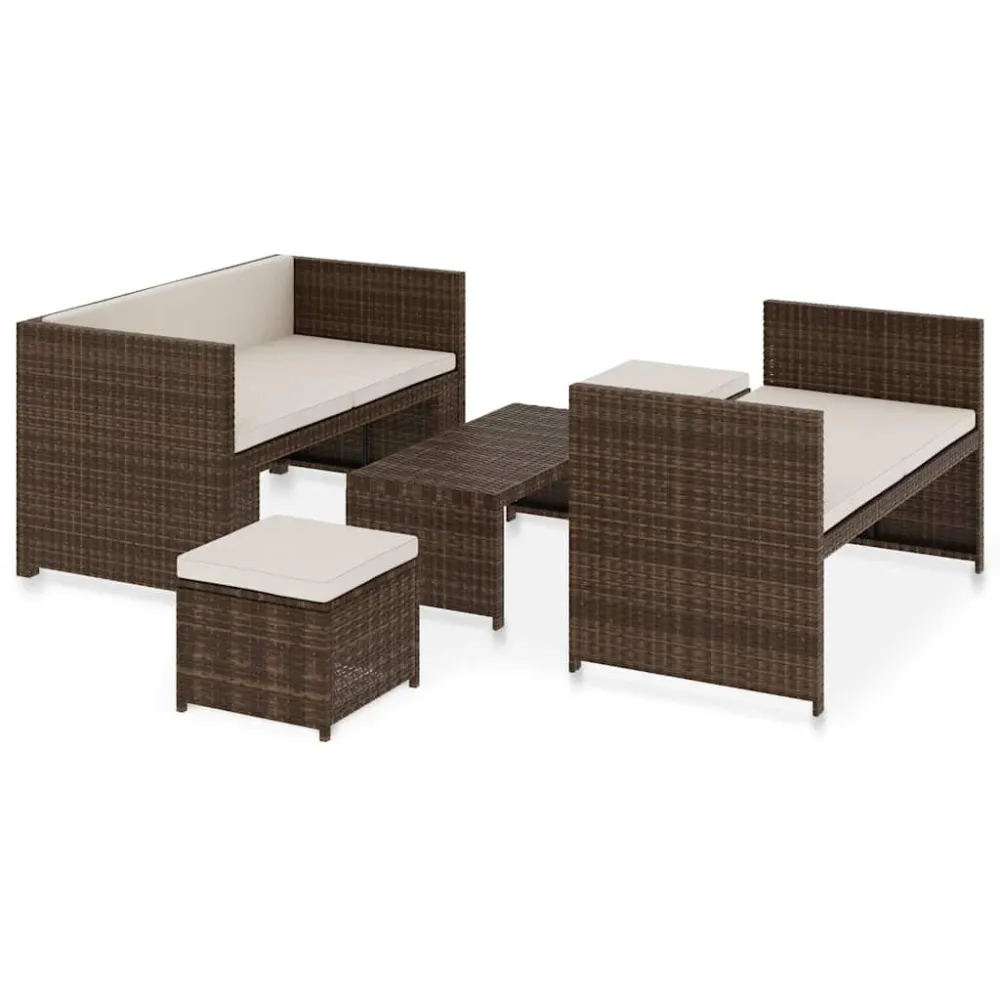 Puf de Exterior 5 pcs conjunto lounge jardim com almofadões vime PE castanho