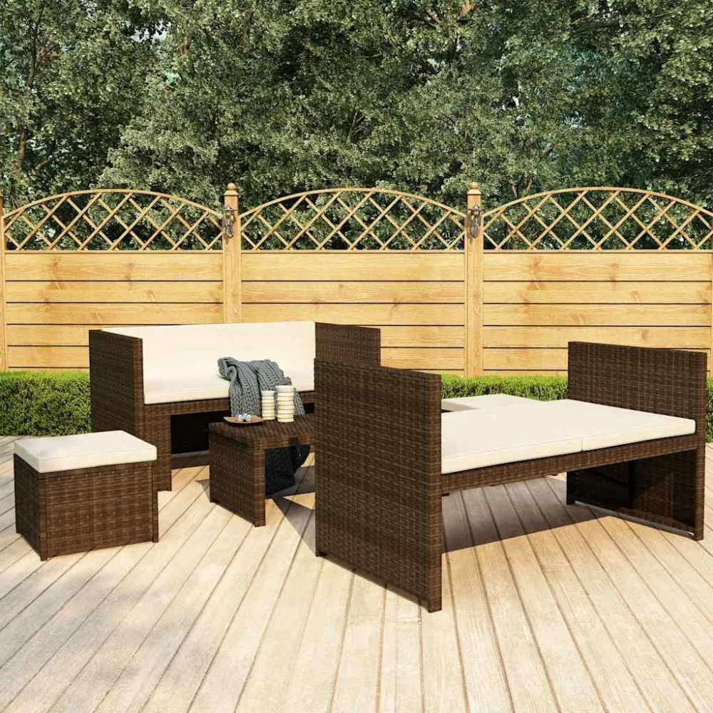 Puf de Exterior 5 pcs conjunto lounge jardim com almofadões vime PE castanho