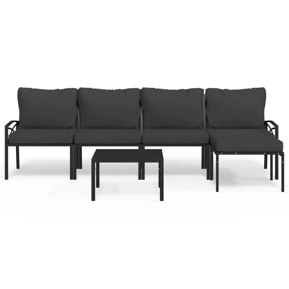 Puf de Exterior 6 pcs conjunto lounge de jardim ço com almofadões cinzentos