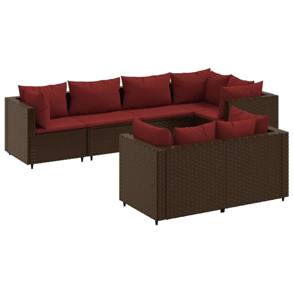 Puf de Exterior 7 pcs conjunto lounge de jardim com almofadões vime PE castanho