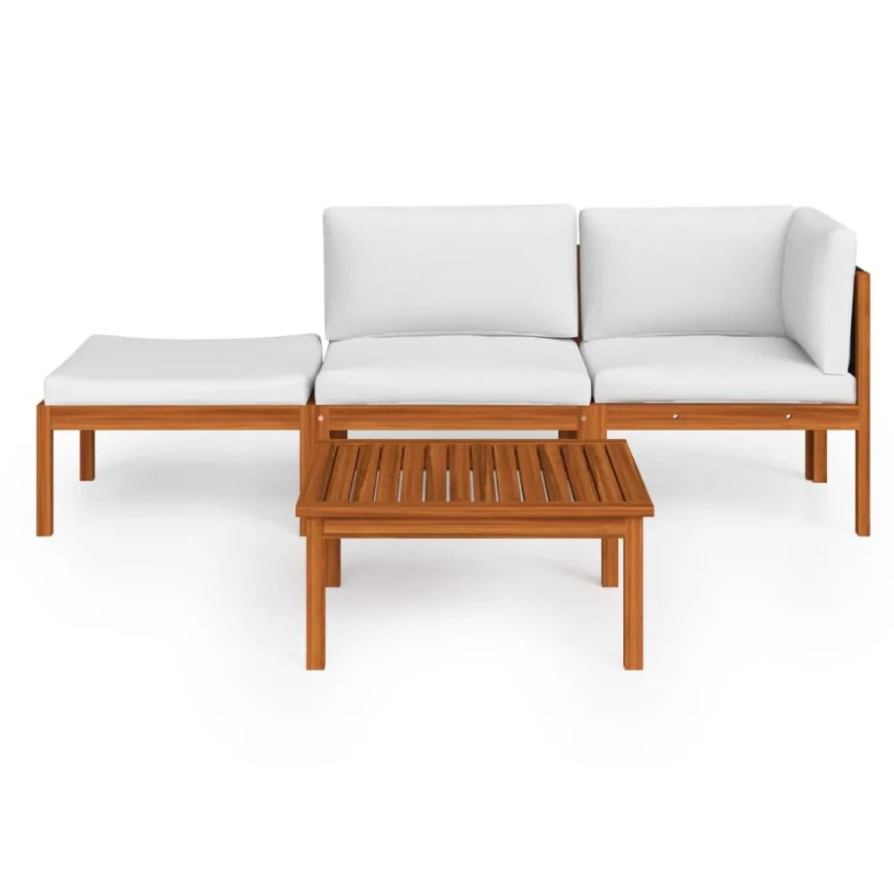 Puf de Exterior 4 pcs conjunto lounge jardim com almofadões acácia maciç creme