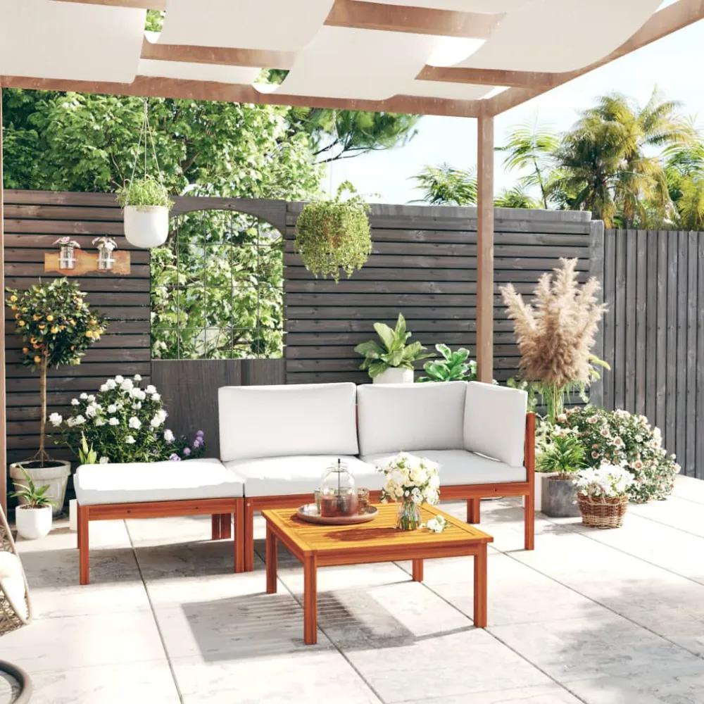 Puf de Exterior 4 pcs conjunto lounge jardim com almofadões acácia maciç creme