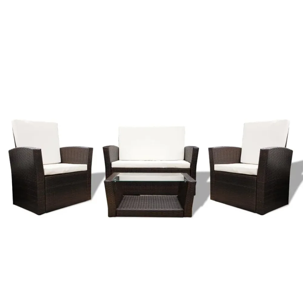 Puf de Exterior 4 pcs conjunto lounge jardim com almofadões vime PE castanho