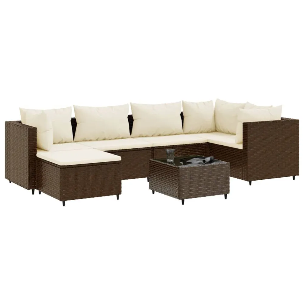 Puf de Exterior 7 pcs conjunto lounge de jardim com almofadões vime PE castanho