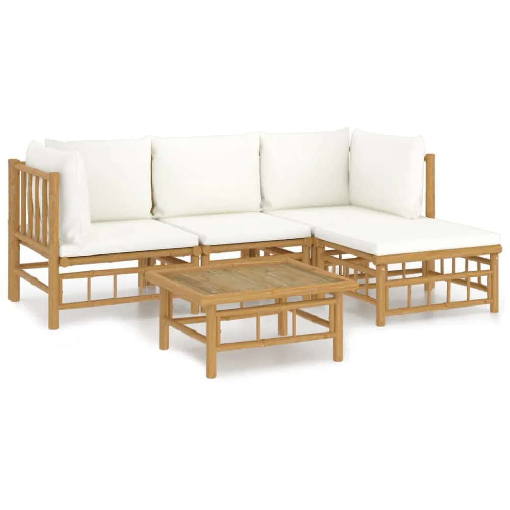 Puf de Exterior 5 pcs conjunto lounge de jardim bambu com almofadões branco nata