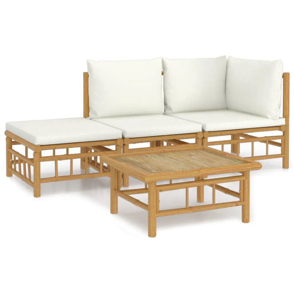 Puf de Exterior 4 pcs conjunto lounge de jardim bambu com almofadões branco nata