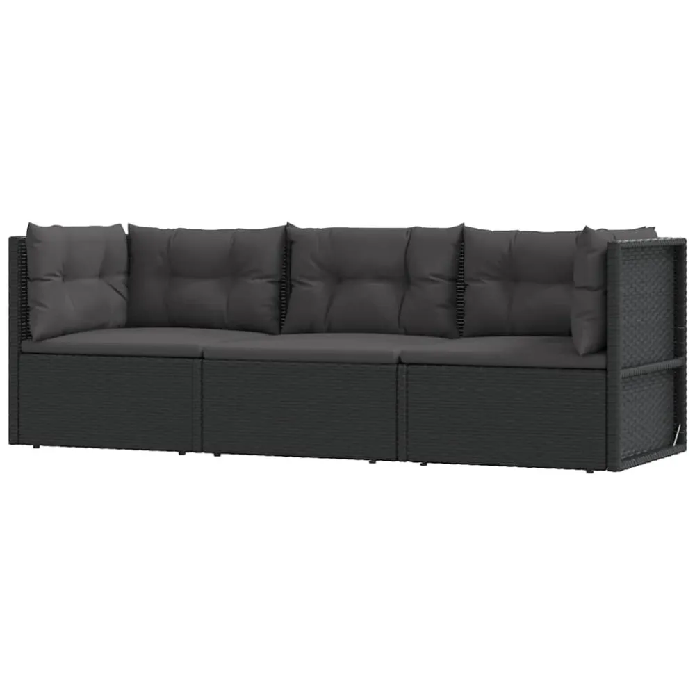 Puf de Exterior 3 pcs conjunto lounge de jardim com almofadões vime PE preto