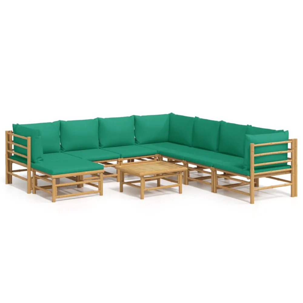 Puf de Exterior 9 pcs conjunto lounge de jardim bambu com almofadões verdes