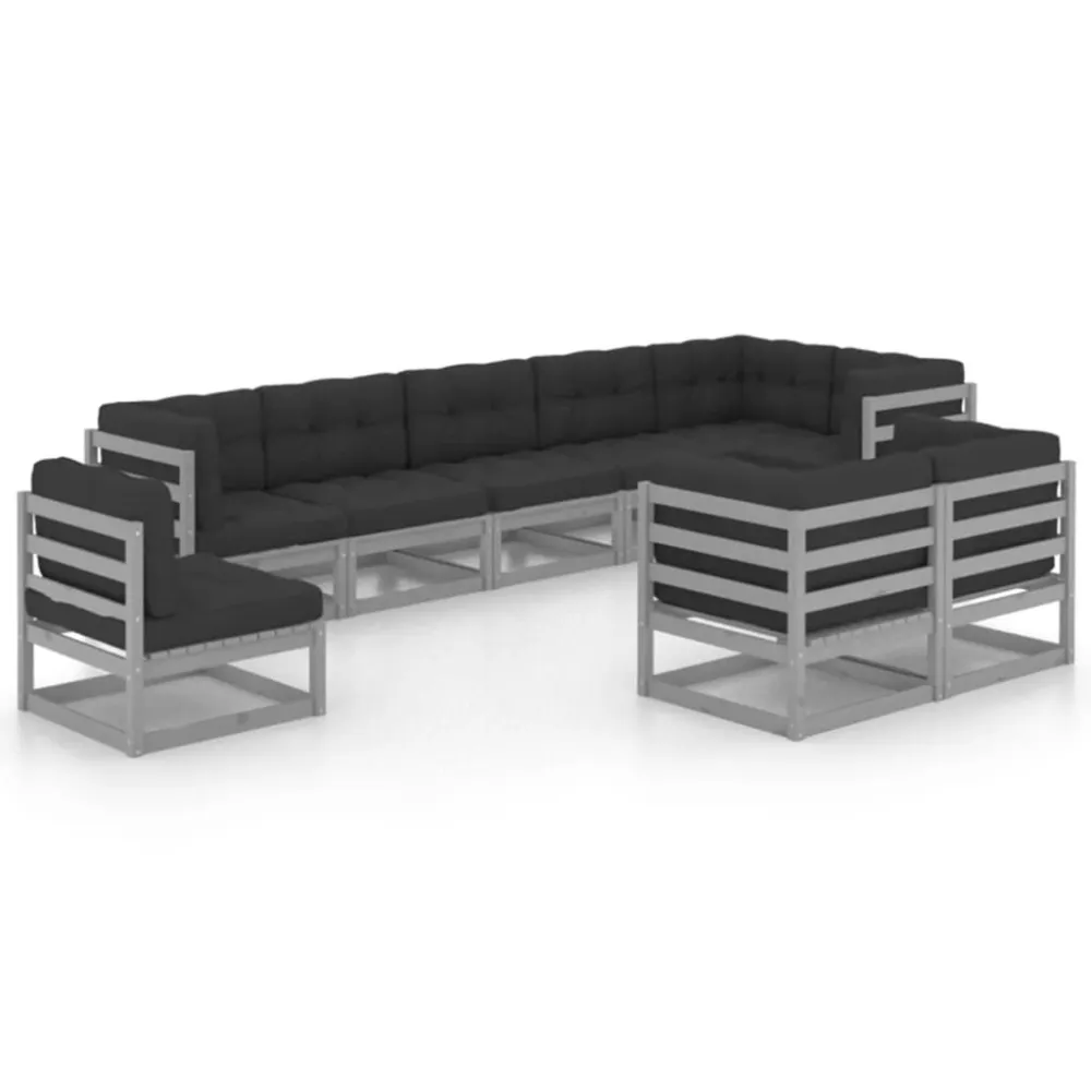 Puf de Exterior 9 pcs conjunto lounge de jardim com almofadões pinho maciço