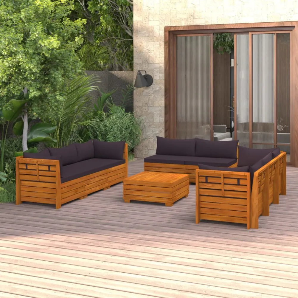 Puf de Exterior 9 pcs conjunto lounge de jardim com almofadões acácia maciç