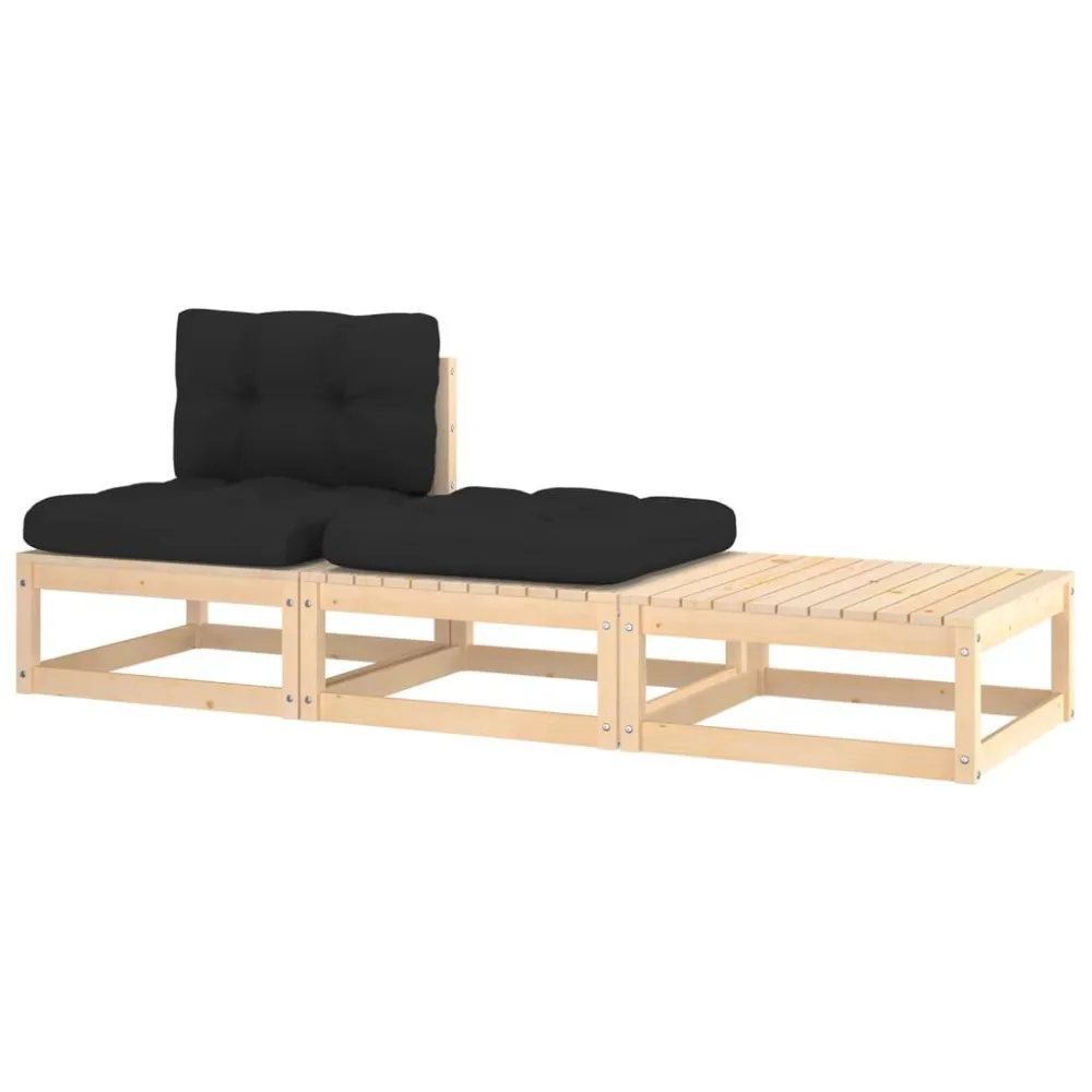Puf de Exterior 3 pcs conjunto lounge de jardim com almofadões madeira de pinho