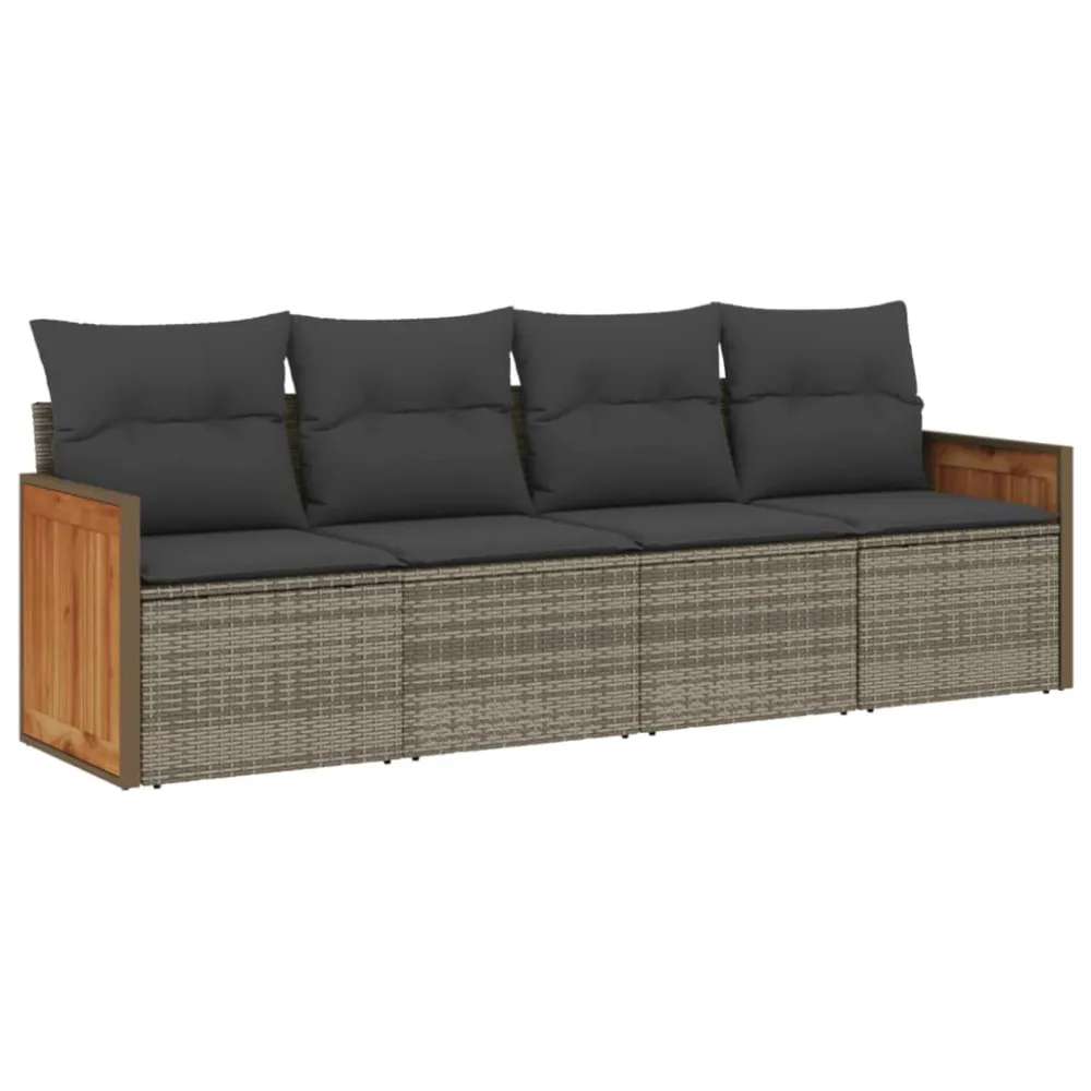 Puf de Exterior 4 pcs conjunto sofás de jardim com almofadões vime PE cinzento