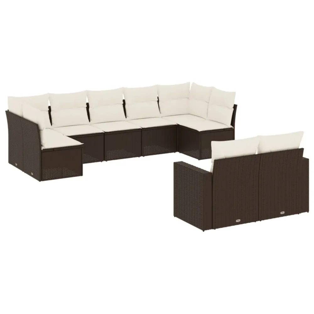 Puf de Exterior 9 pcs conjunto sofás para jardim com almofadões vime PE castanho
