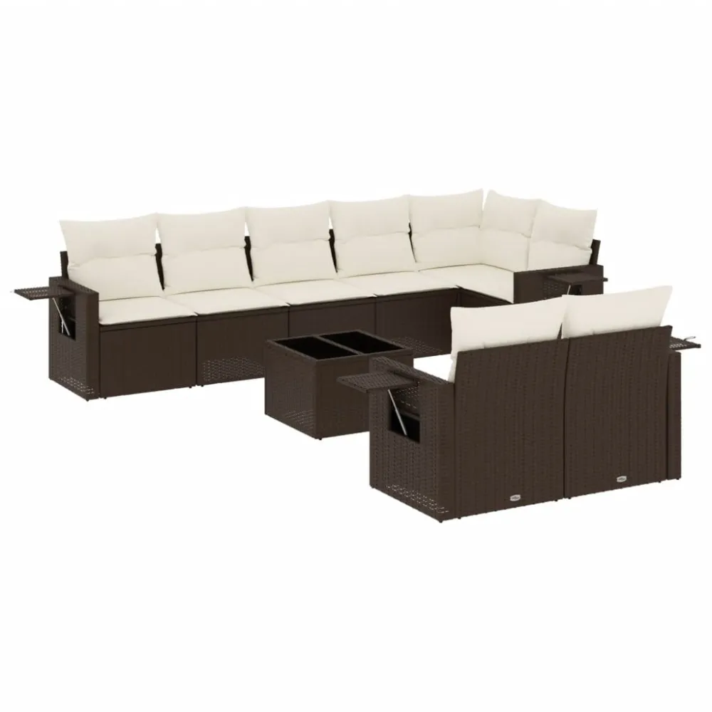 Puf de Exterior 9 pcs conjunto sofás para jardim com almofadões vime PE castanho