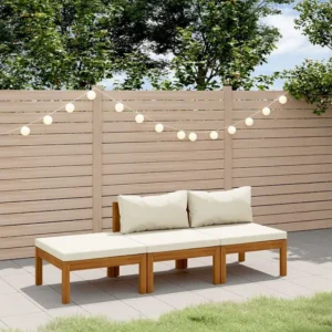 Puf de Exterior 3 peças conjunto lounge jardim com almofadões creme acácia maciç