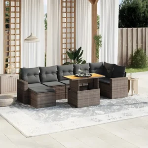 Puf de Exterior 8 peças conjunto sofás de jardim com almofadões vime PE cinzento