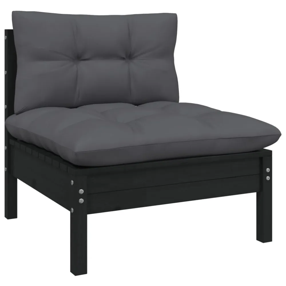 Sofá de centro para jardim com almofadões pinho maciço preto para Piscina e Jardim