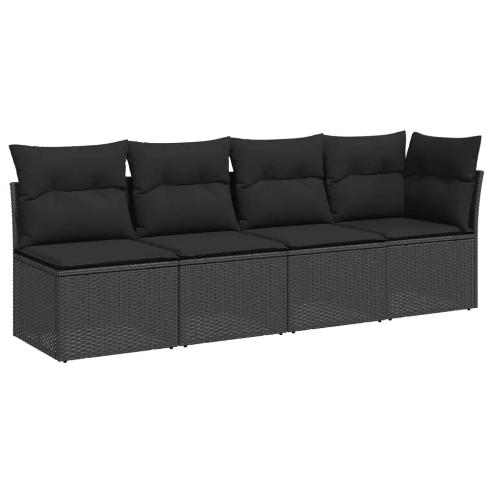 Sofá de jardim com almofadões 4 lugares vime PE preto para Piscina e Jardim
