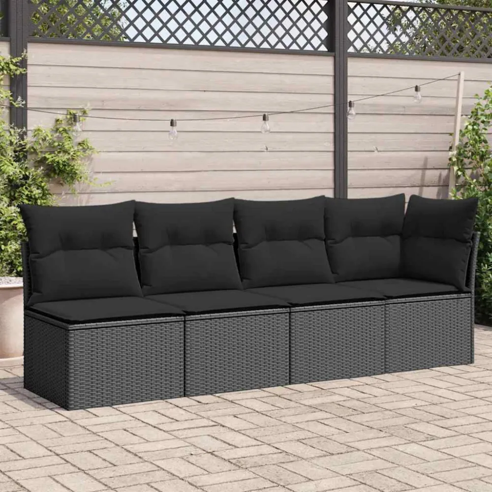 Sofá de jardim com almofadões 4 lugares vime PE preto para Piscina e Jardim