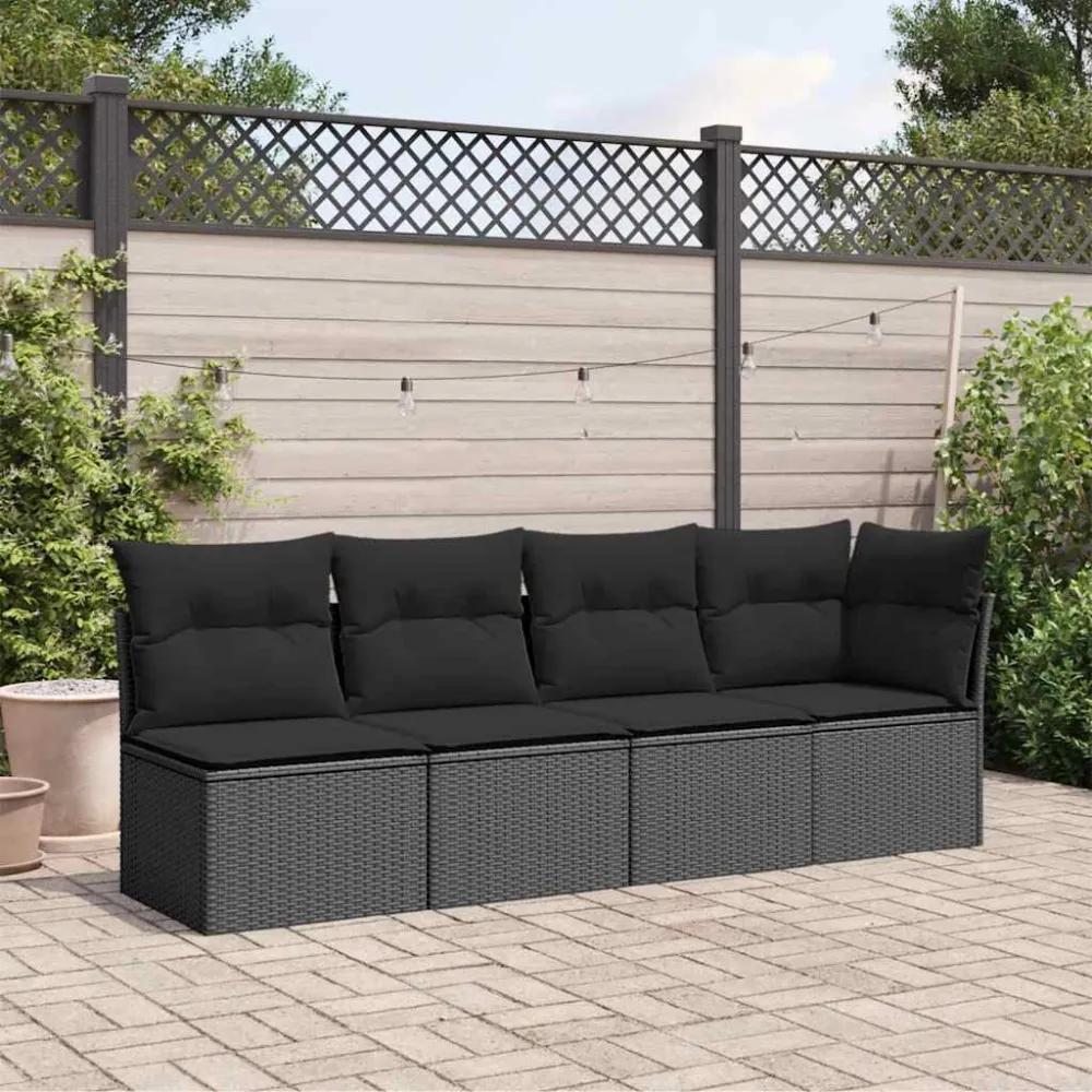 Sofá de jardim com almofadões 4 lugares vime PE preto para Piscina e Jardim