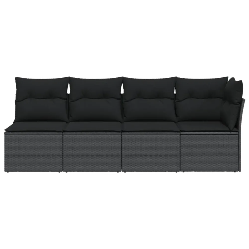 Sofá de jardim com almofadões 4 lugares vime PE preto para Piscina e Jardim