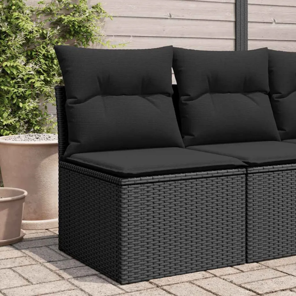 Sofá de jardim sem braços com almofadões vime PE preto com Apoio para Bebidas