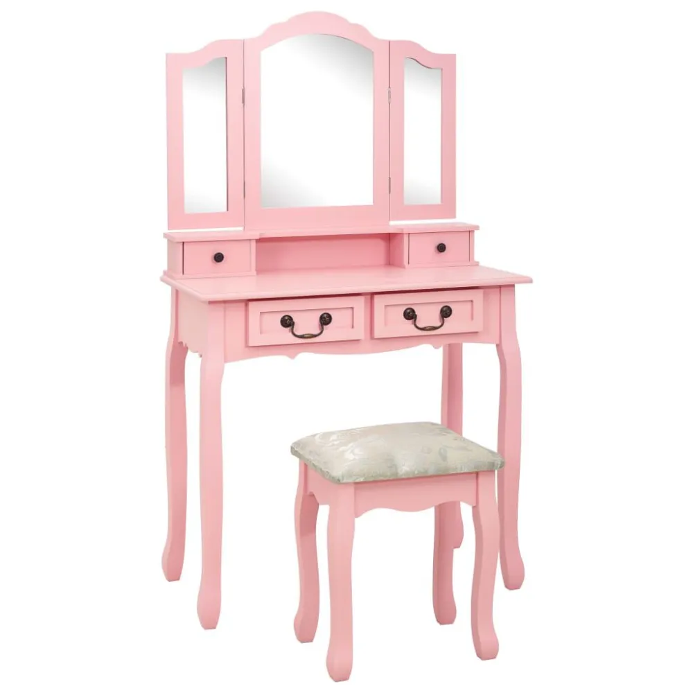 Conj. toucador com banco 80x69x141 cm madeira paulownia rosa com Espelho e Prateleiras