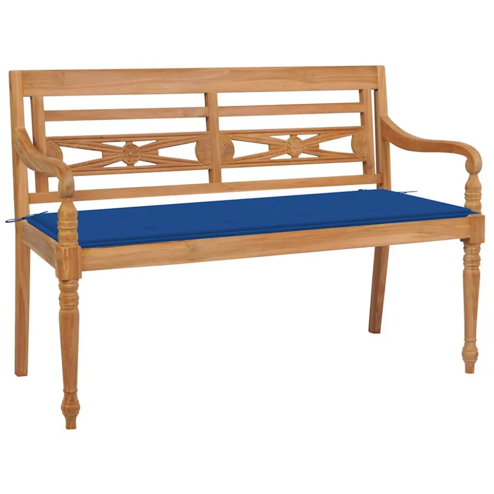 Banco Batávia com almofadão azul efetivo 120 cm teca maciç