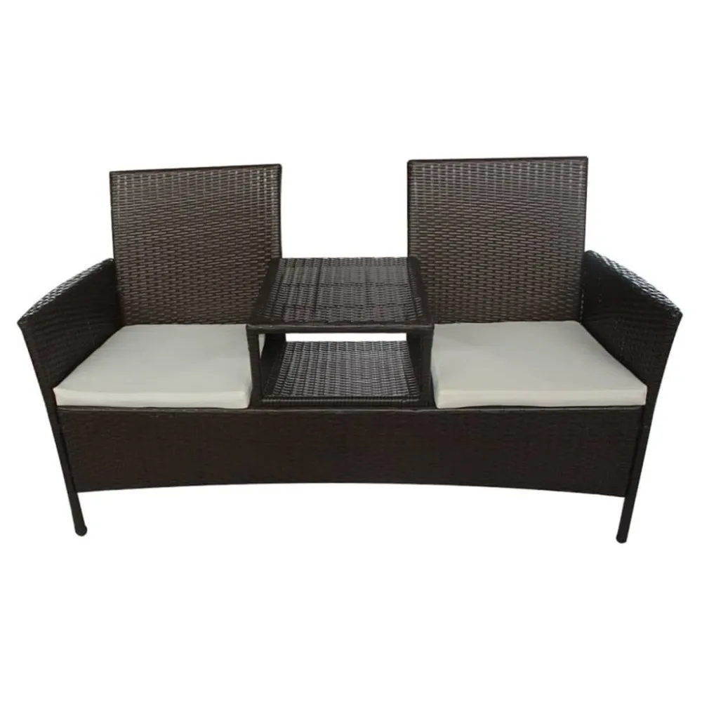 Conjunto Completo de Banco de jardim de 2 lugares com mesa de centro vime PE castanho