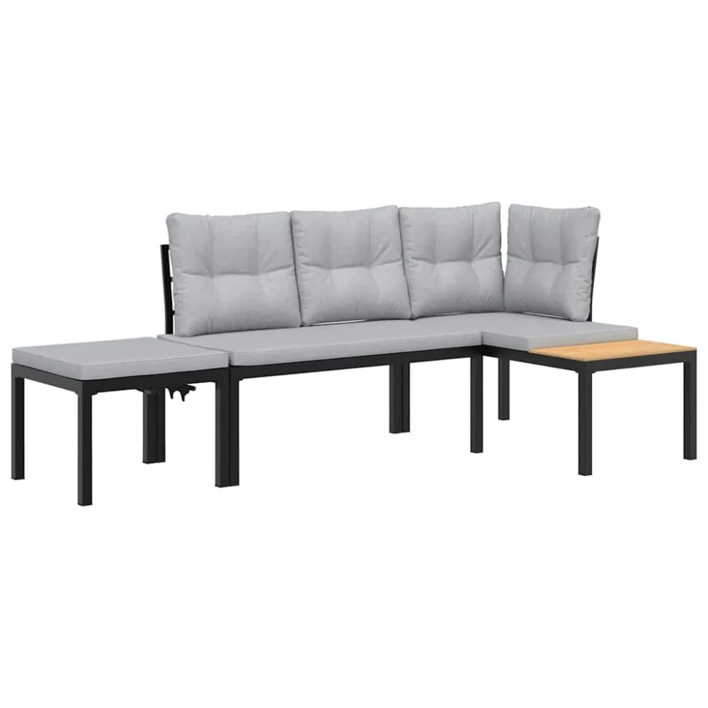 Conjunto Completo de Bancos de jardim com almofadões 3 pcs ço revestido pó preto