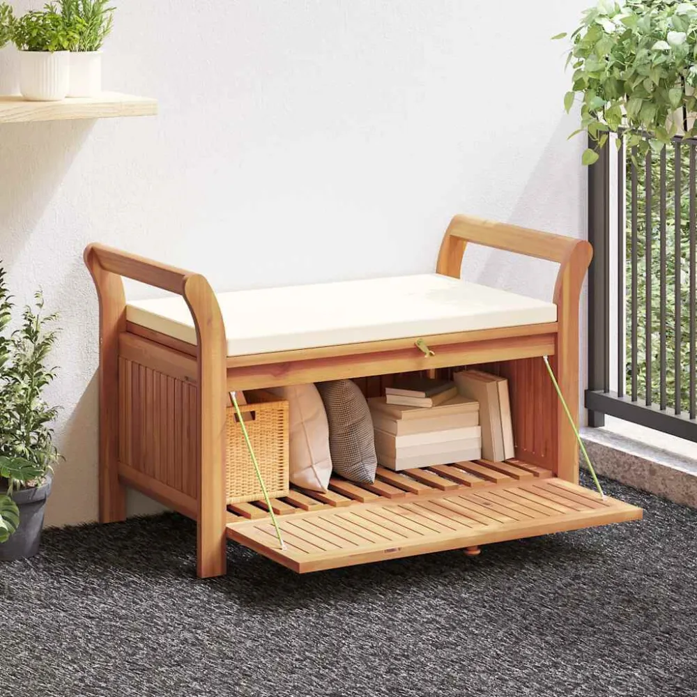 Puf de Exterior Banco de arrumação para jardim com almofadão 91 cm acácia maciç
