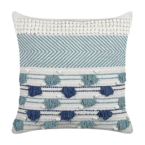 Almofada decorativa em algodão branco e azul com borlas 45 x 45 cm DATURA com Detalhes em Metal