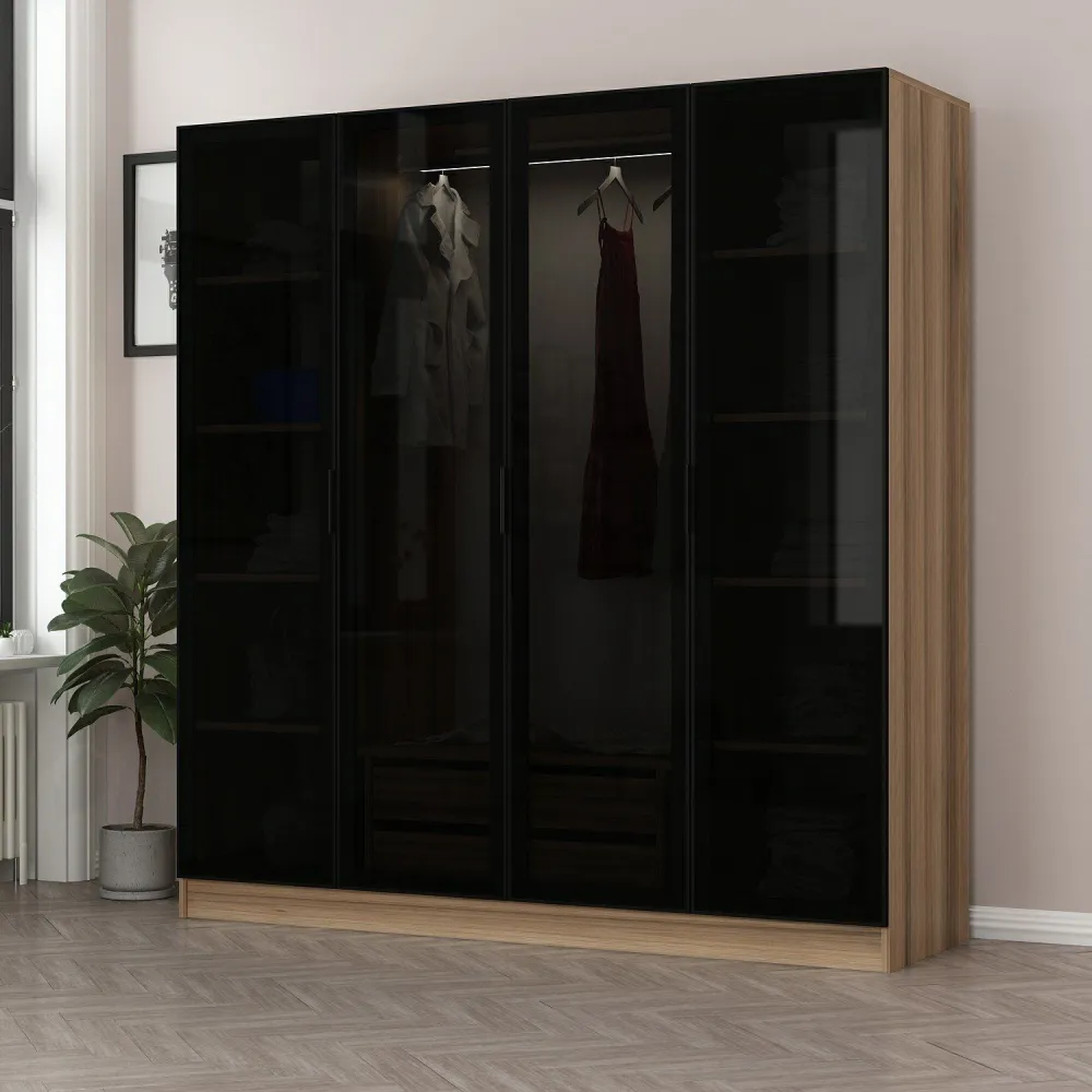 Guarda-roupa 4 portas Vidro fumê Preto Antipaxos L180xH210cm 1 varão e 2 gavetas Madeira clara | Entrega Rápida