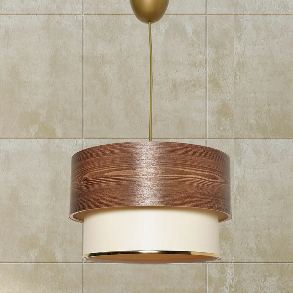 Sistema de Drenagem Otimizado Suspensão Clara base Ouro com abat-jour Ø30cm bicolor Efeito madeira e bege