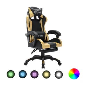 Cadeira estilo corrida luzes LED RGB couro artif. dourado/preto