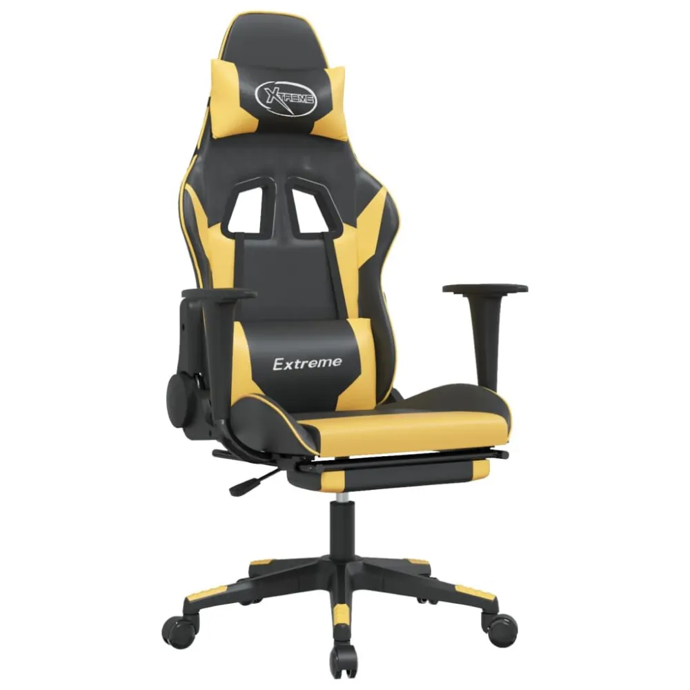 Cadeira gaming com apoio pés couro artificial preto e dourado