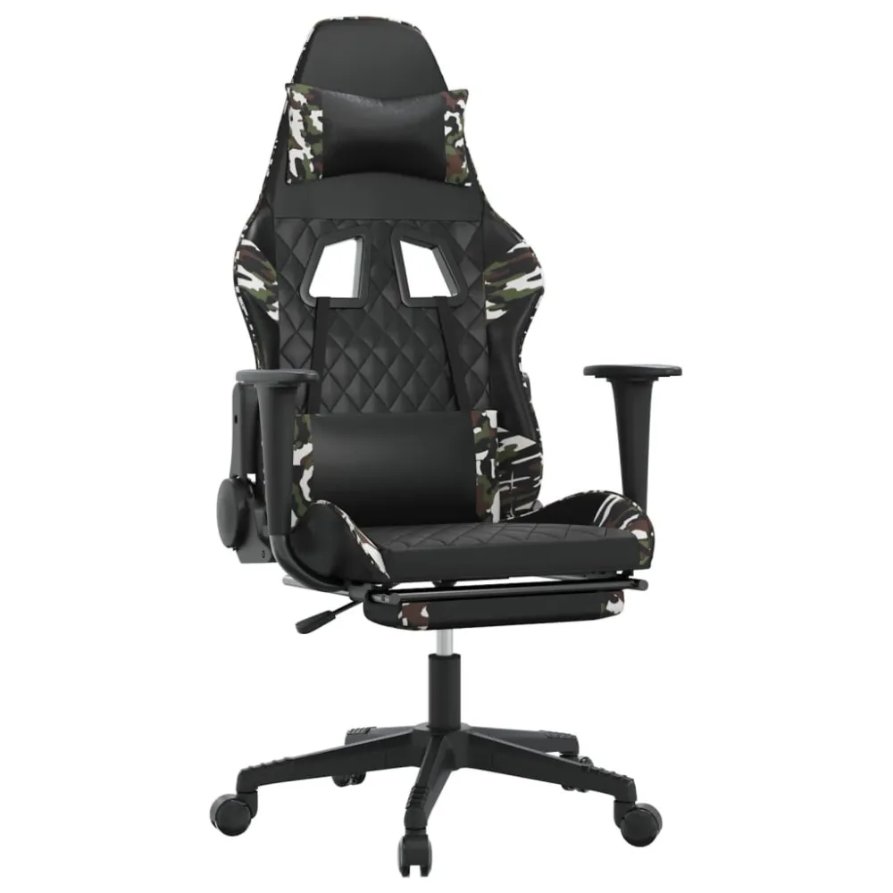 Cadeira gaming com apoio pés couro artificial preto e camuflado