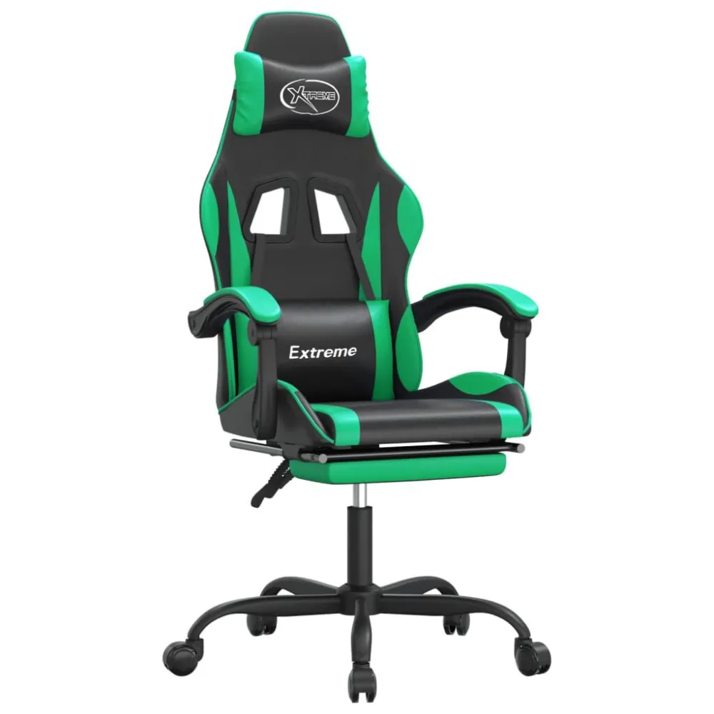 Cadeira gaming com apoio pés couro artificial preto e verde