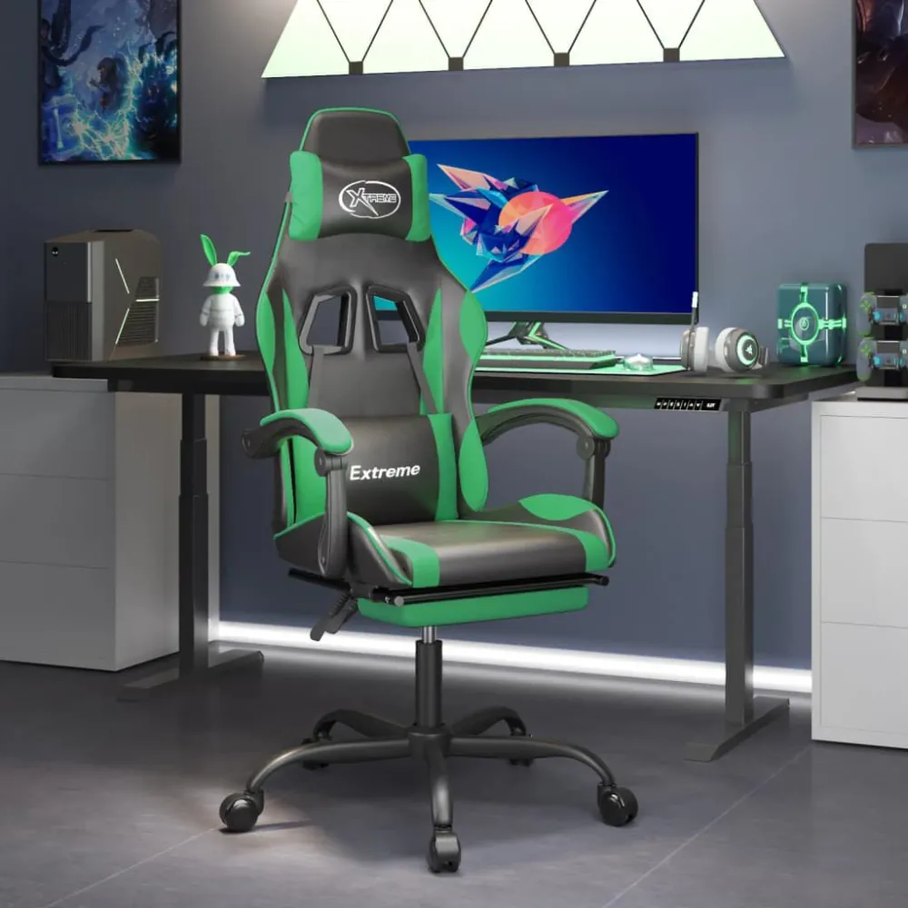 Cadeira gaming com apoio pés couro artificial preto e verde