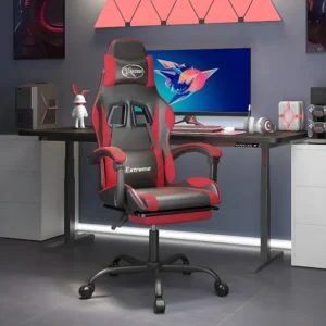 Cadeira gaming com apoio pés couro artificial preto e vermelho