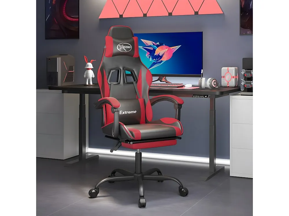 Cadeira gaming com apoio pés couro artificial preto e vermelho