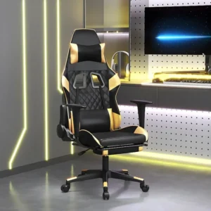Cadeira gaming com apoio pés couro artificial preto e dourado