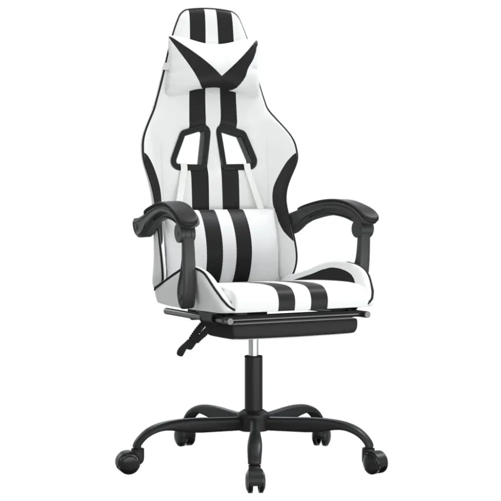 Cadeira gaming com apoio para pés couro artificial preto e branco