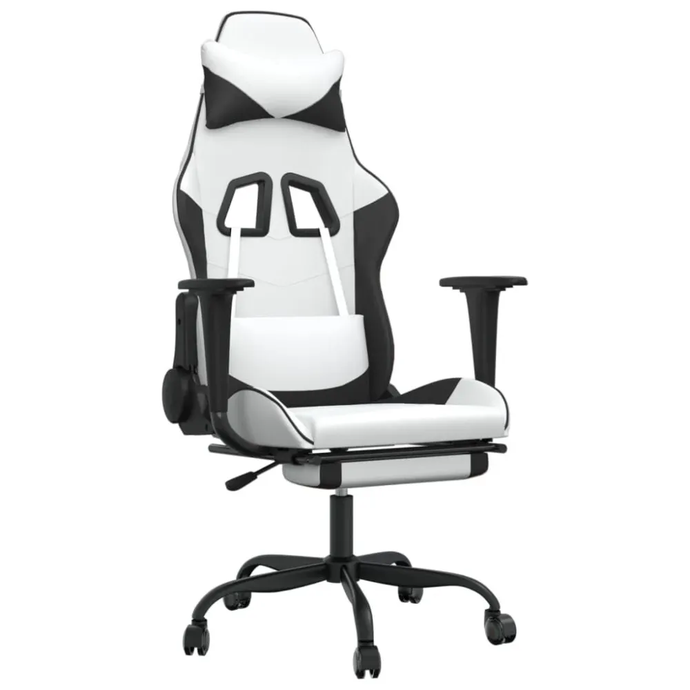 Cadeira gaming com apoio para pés couro artificial preto e branco