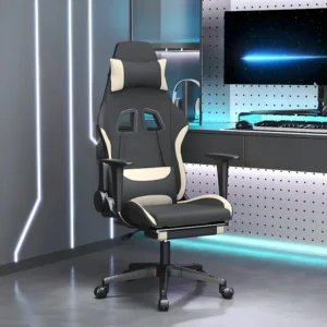 Cadeira de gaming com apoio para os pés tecido preto e creme