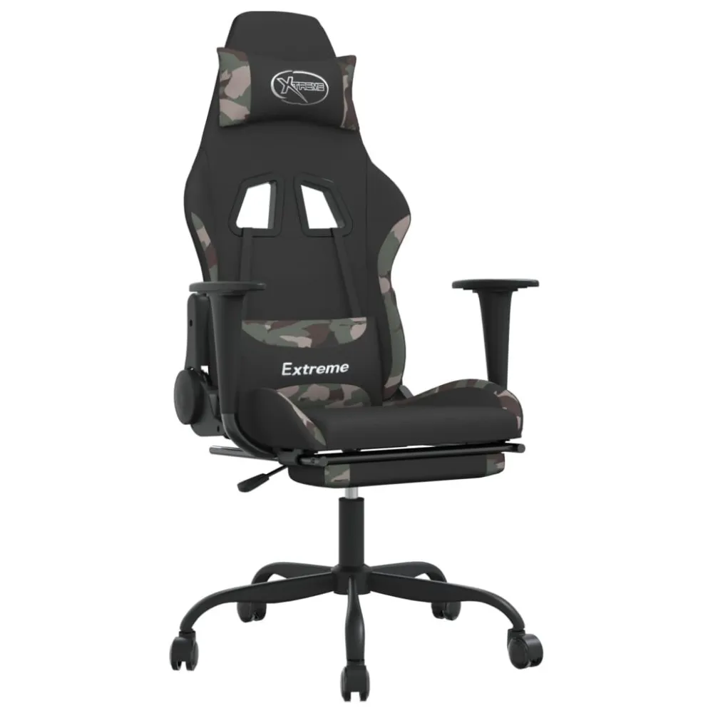 Cadeira de gaming com apoio de pés tecido preto e camuflagem