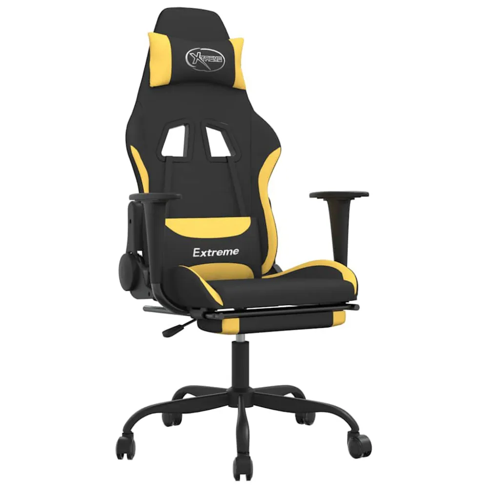 Cadeira de gaming com apoio de pés tecido preto e amarelo
