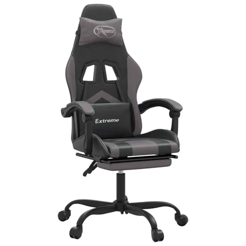 Cadeira gaming giratória com apoio pés couro artif. preto/cinza