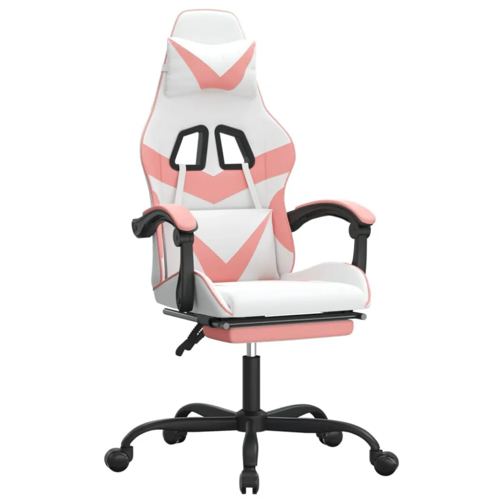 Cadeira gaming giratória com apoio pés couro artif. branco/rosa